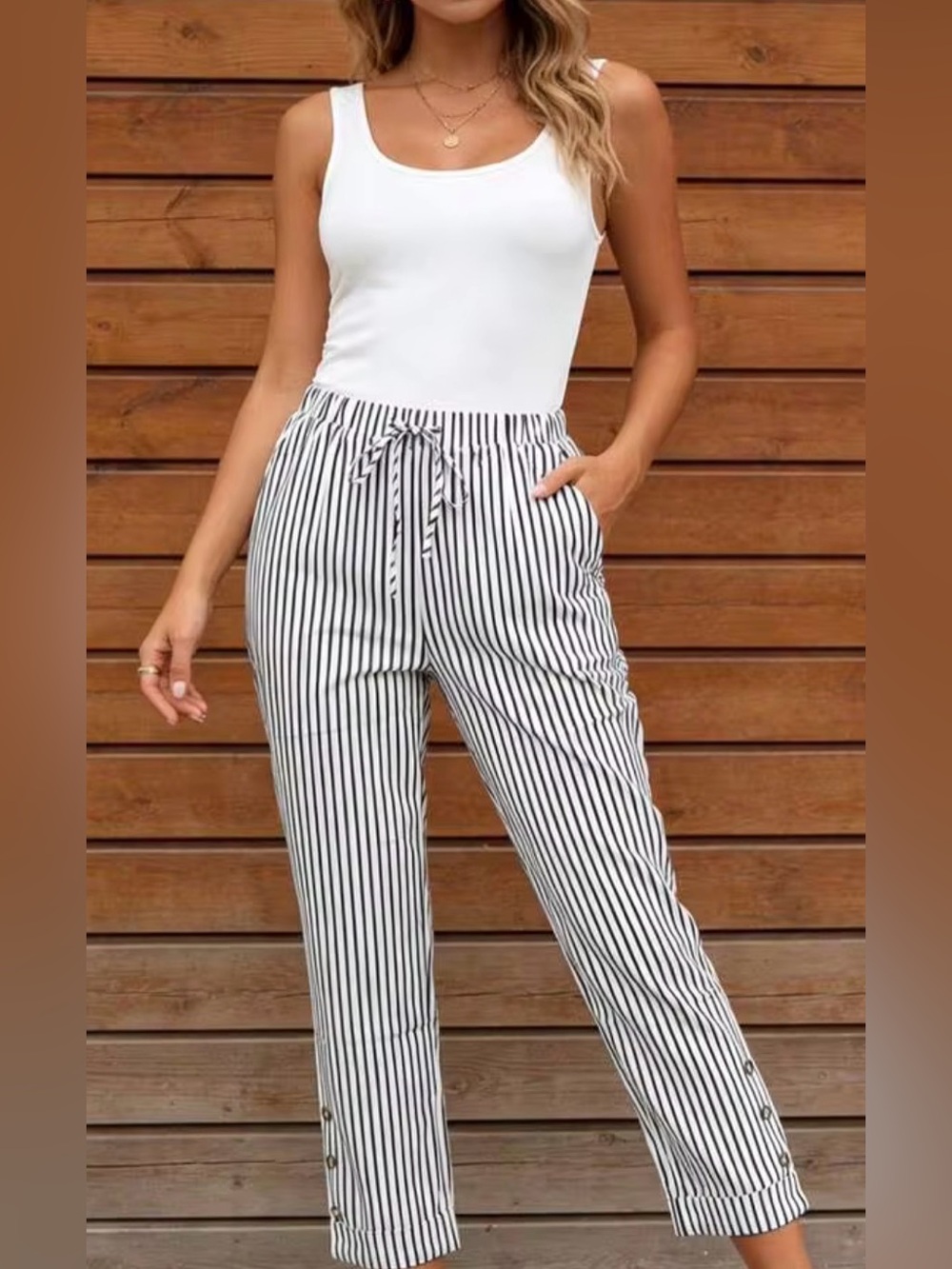 NEW SHEIN Aurora Silk Black & White Vertical Stripe Straight Drawstring Pants - Picture 4 of 9